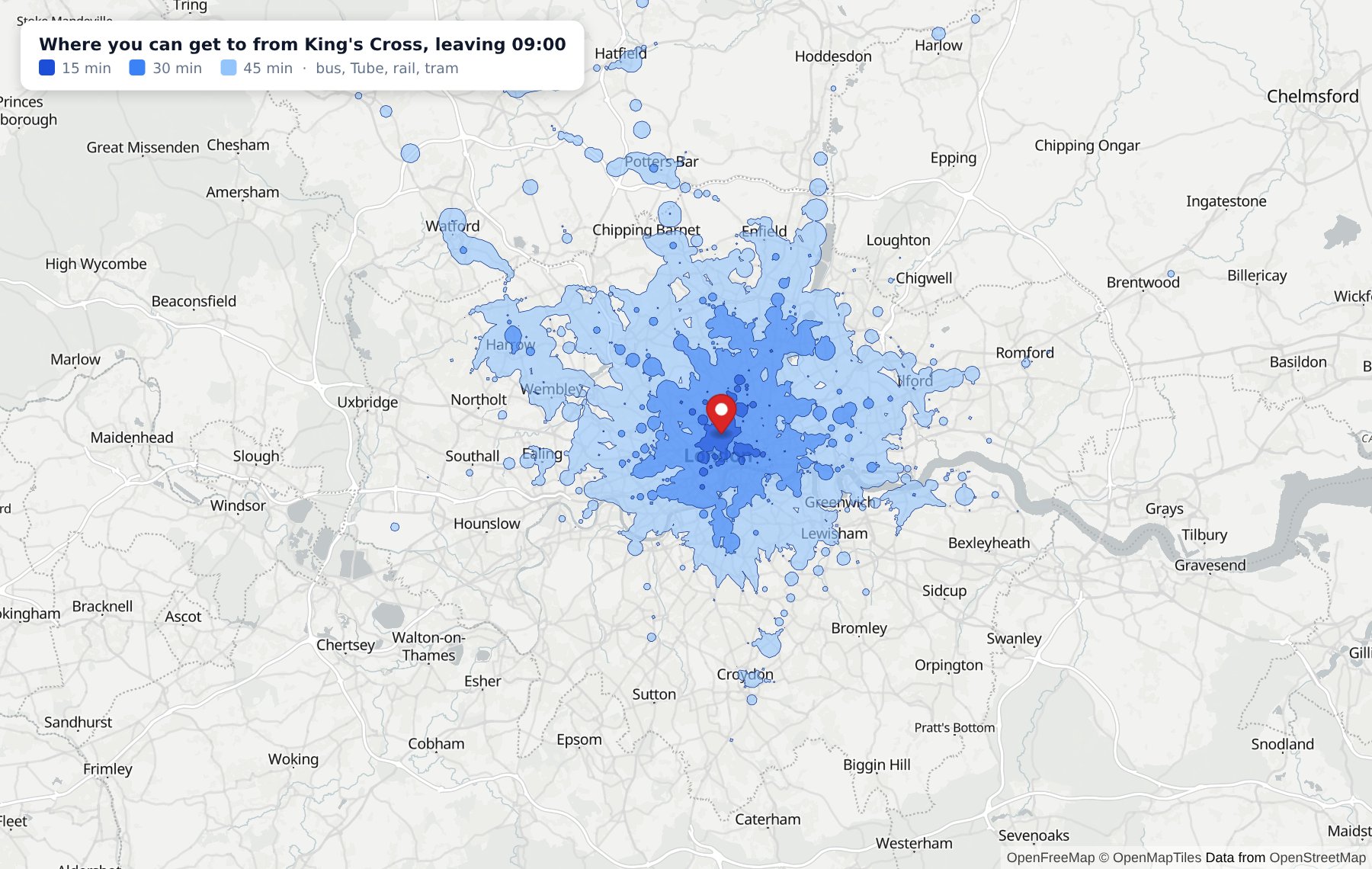 Map of London shaded by how far you can get from King's Cross in 15, 30 and 45 minutes